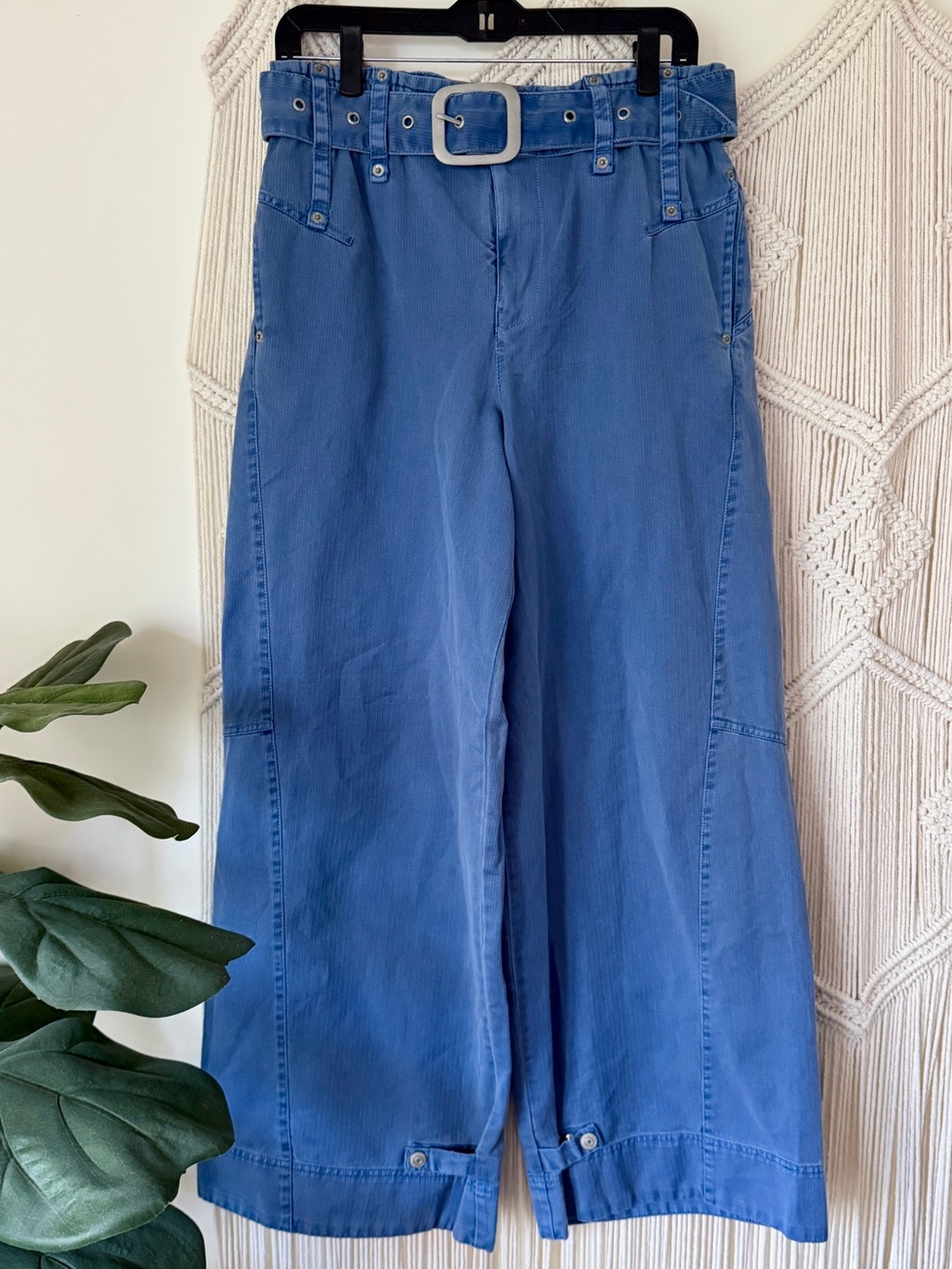 Free People Belted Boyfriend Wide Leg Blue Cotton Pants M NWOT - Picture 7 of 13